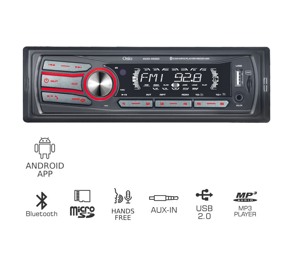 Osio Car Audio ACO-4520UBT με Bluetooth, USB, Android App, micro SD και Aux-In