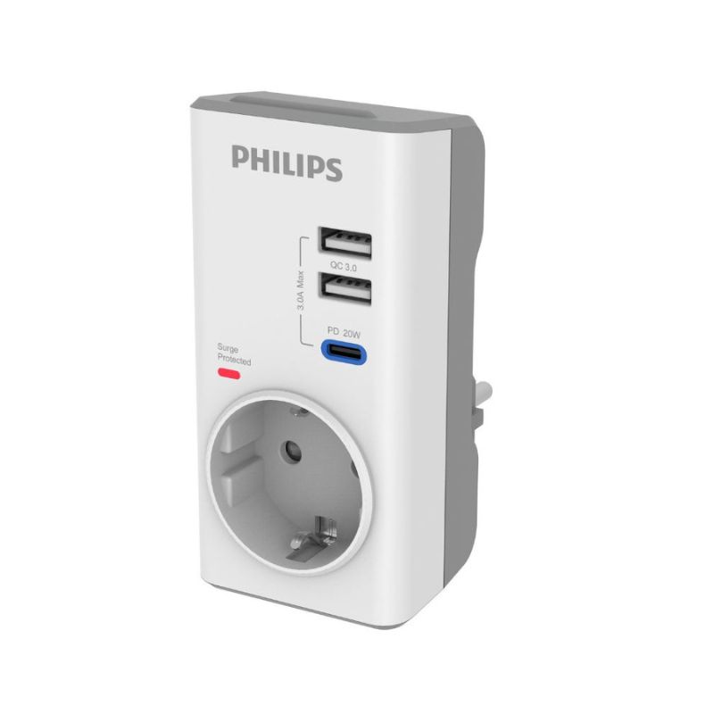 Philips Μονόπριζο Ασφαλείας με 2xUSB και Type-C CHP8010W/GRS (1150102-0002)