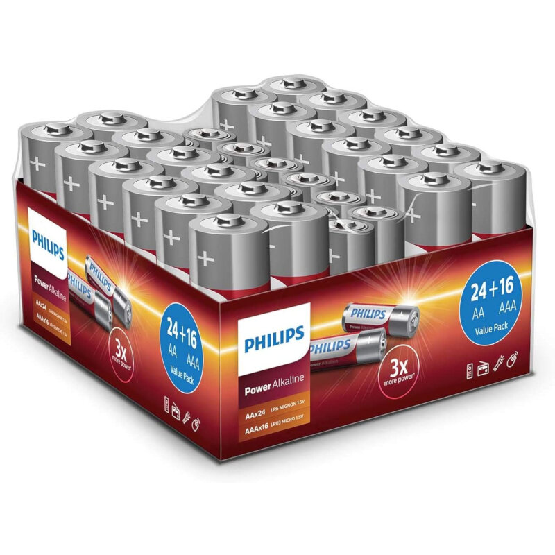 Philips Αλκαλικές Μπαταρίες Power Alkaline LR036G40W/GRS Υψηλής Απόδοσης 40τμχ (AAx24τμχ & ΑΑΑx16τμχ)