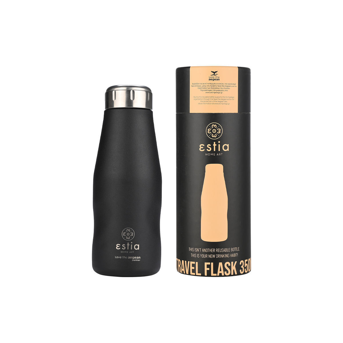 ESTIA ESTIA ΘΕΡΜΟΣ TRAVEL FLASK SAVE THE AEGEAN 350ml MIDNIGHT BLACK