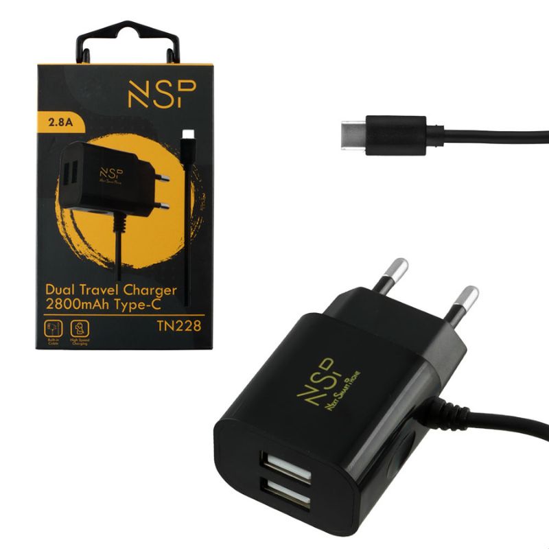 NSP Φορτιστής ταξιδιού TN228 Μαύρος Dual USB-A με ενσωματωμένο καλώδιο Type-C 2800mAh