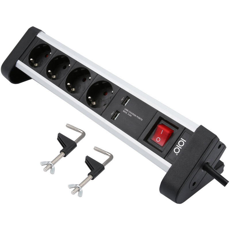 Olympia Πολύπριζο ασφαλείας SL 2425 U 4 θέσεων με 2 USB, διακόπτη και βάση για γραφείο