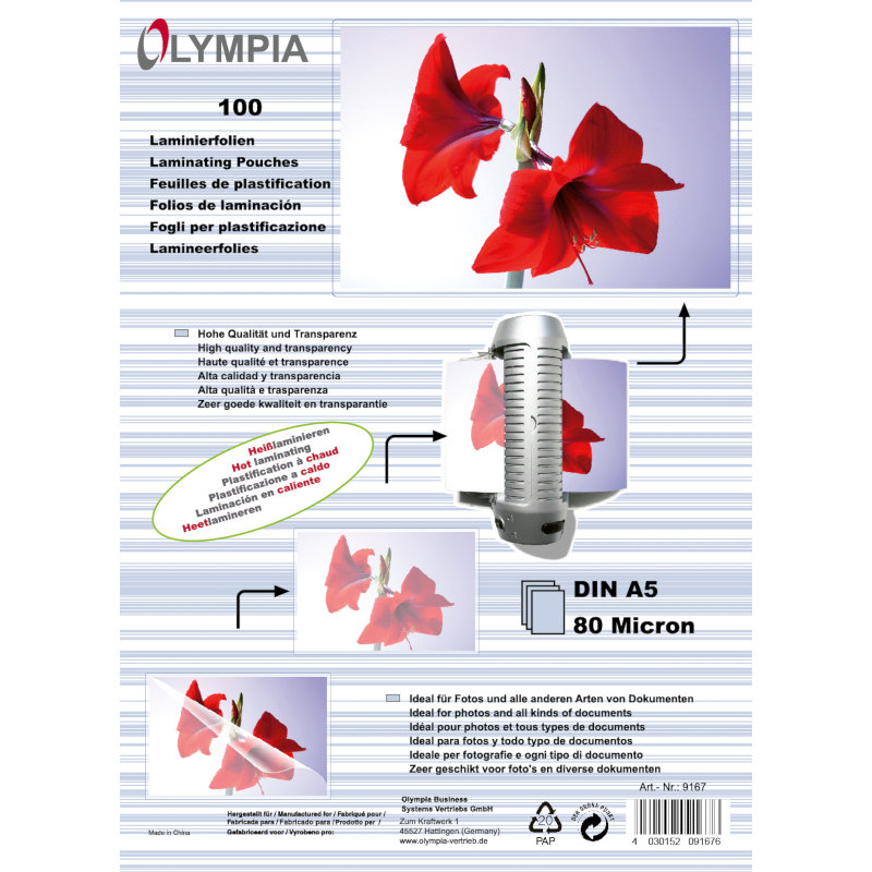 Olympia Φύλλα πλαστικοποίησης 9167 για Α5 σε κουτί 80 microns 100 τμχ