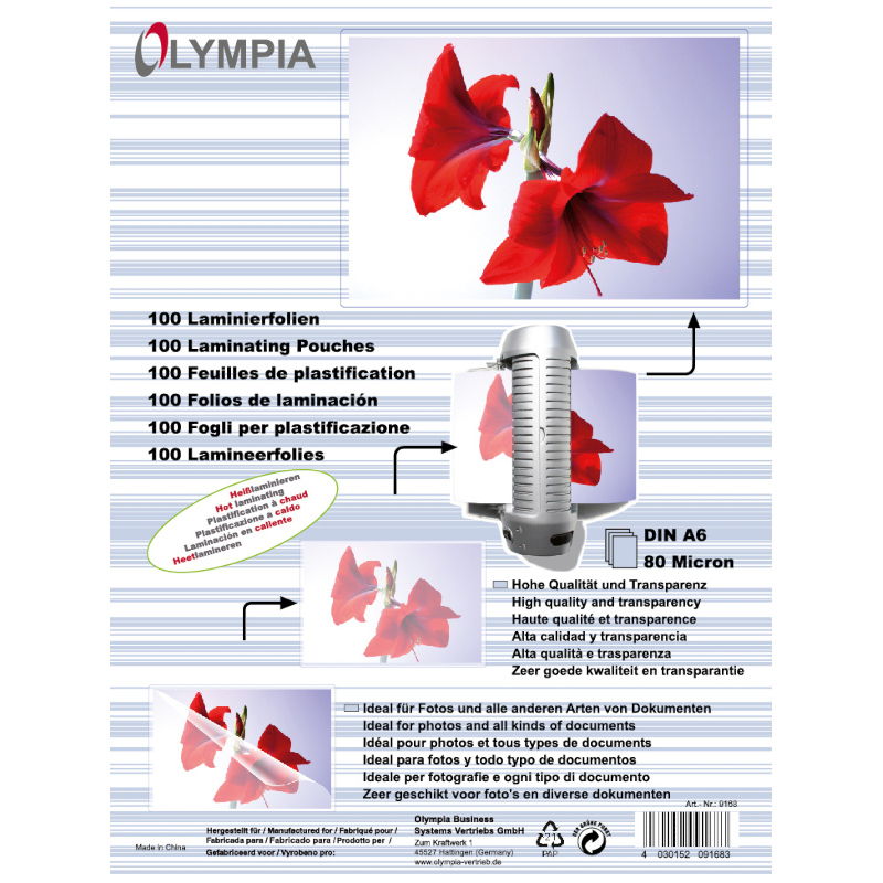 Olympia Φύλλα πλαστικοποίησης 9168 για Α6 σε κουτί 80 microns 100 τμχ