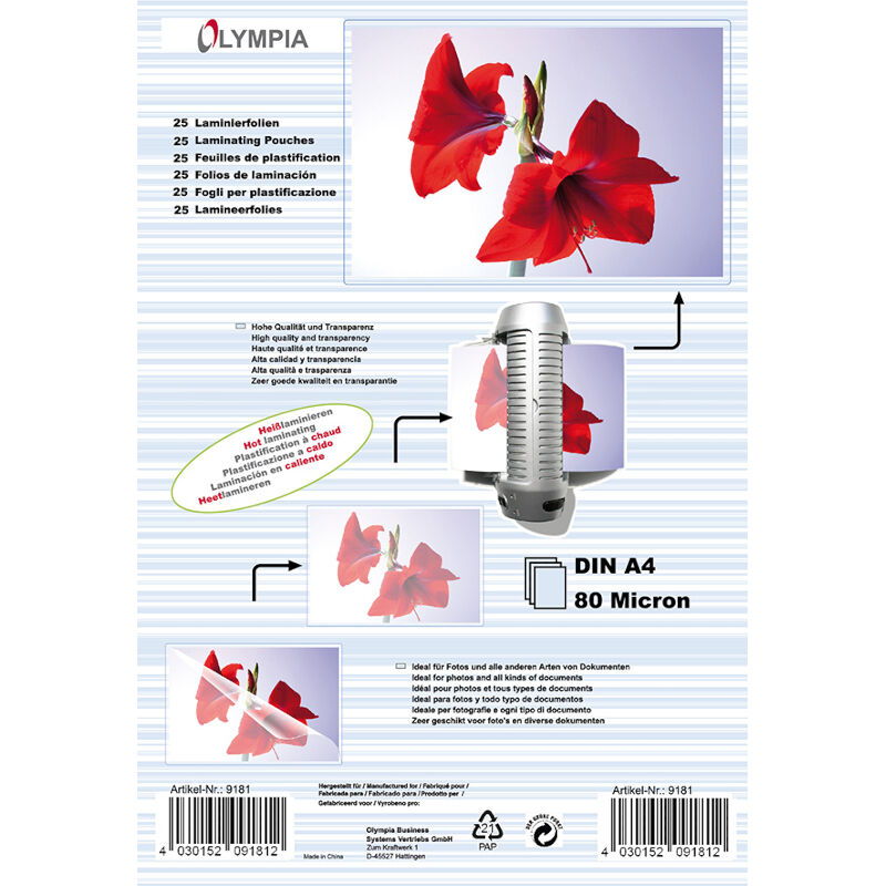 Olympia Φύλλα πλαστικοποίησης 9181 για Α4 σε κουτί 80 microns 25 τμχ