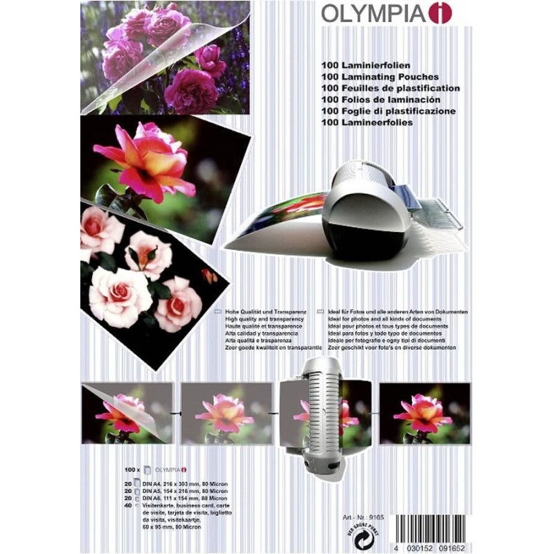 Olympia Φύλλα πλαστικοποίησης 9165 για Α4 Α5 Α6 και επαγγελματικές κάρτες 100 τμχ