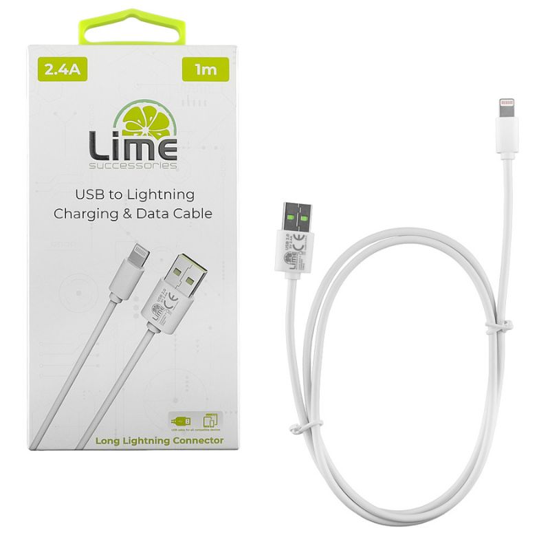LIME Kαλώδιο USB-Α LUL01 Λευκό σε Lightning Long 2.4A, 1m για φόρτιση και δεδομένα-12W