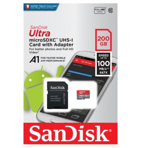 Sandisk Κάρτα Μνήμης Ultra Android microSDXC 200GB + SD Ad CL.10 100MB/s (SDSQUAR-200G-GN6MA)(533378)