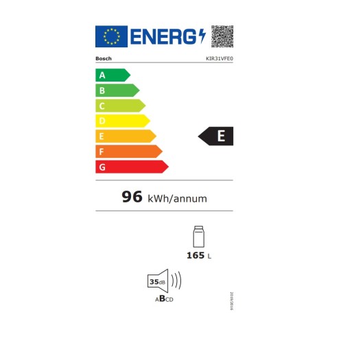 Bosch Ψυγείο Μονόπορτο Εντοιχιζόμενο KIR31VFE0 165Lt