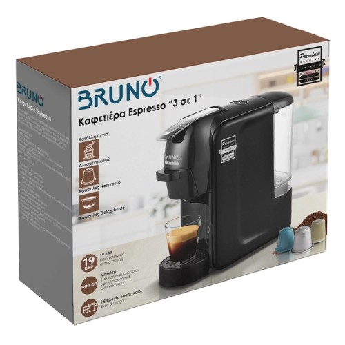 Bruno Μηχανή Espresso BRN-0124 3 σε 1  Nespresso/Dolce Gusto/Καφέ σε Σκόνη Πίεσης 19bar 1450W Μαύρη