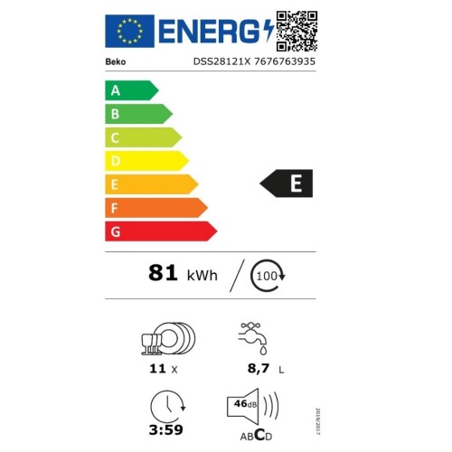 Beko Εντοιχιζόμενο Πλυντήριο Πιάτων DSS28121X για 11 Σερβίτσια (44,8cm)