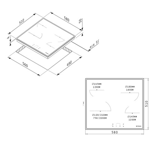 Pyramis Αυτόνομη Κεραμική Εστία PHC61510IFB (174020060) 58cm