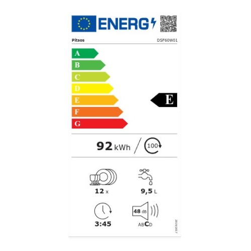 Pitsos Πλυντήριο Πιάτων DSF60W01 για 12 Σερβίτσια Π60xY84.5εκ. Λευκό