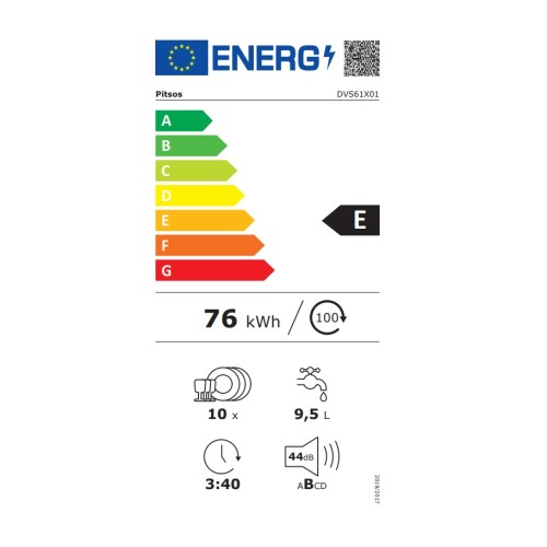Pitsos Εντοιχιζόμενο Πλυντήριο Πιάτων DVS61X01 για 10 Σερβίτσια Π44.8xY81.5εκ.