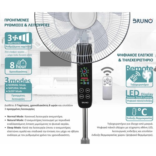 Bruno Ανεμιστήρας Ορθοστάτης BRN-0189 45W Διαμέτρου 43cm με Τηλεχειριστήριο και Ψηφιακή Οθόνη