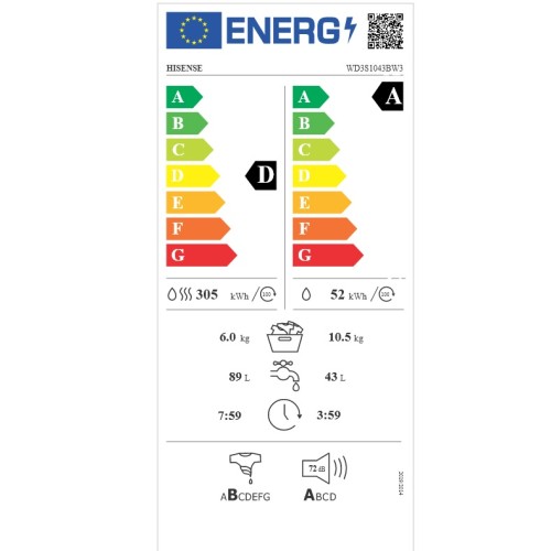 Hisense Πλυντήριο-Στεγνωτήριο WD3S1043BW3 (10,5kg/6kg 1400rpm)