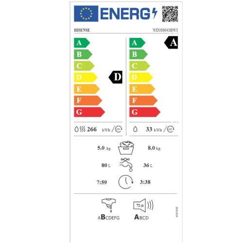 Hisense Πλυντήριο-Στεγνωτήριο WD3S8043BW3 (8kg/5kg 1400rpm)