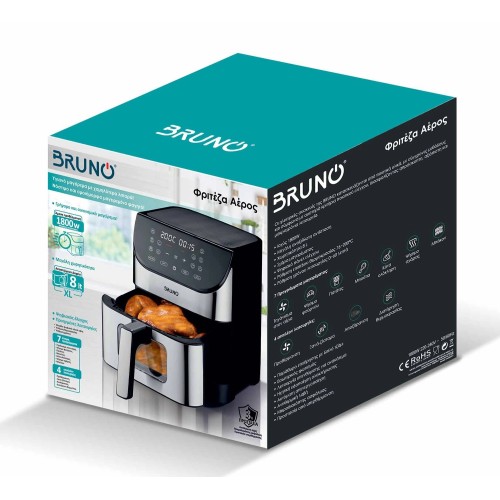 Bruno Φριτέζα Αέρος BRN-0194 με Αποσπώμενο Κάδο 8lt 1800W Μαύρη-Inox