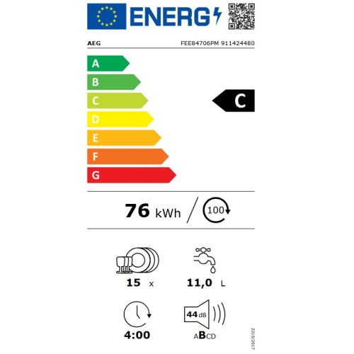 AEG Εντοιχιζόμενο Πλυντήριο Πιάτων FEE84706PM για 15 Σερβίτσια Π59.6xY81.8εκ.