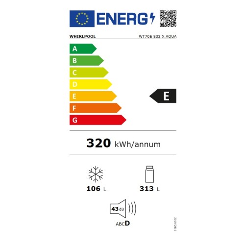 Whirlpool Ψυγείο Δίπορτο WT70E 832 X AQUA 419lt Total NoFrost Υ180xΠ70xΒ72.5εκ. Optic Inox