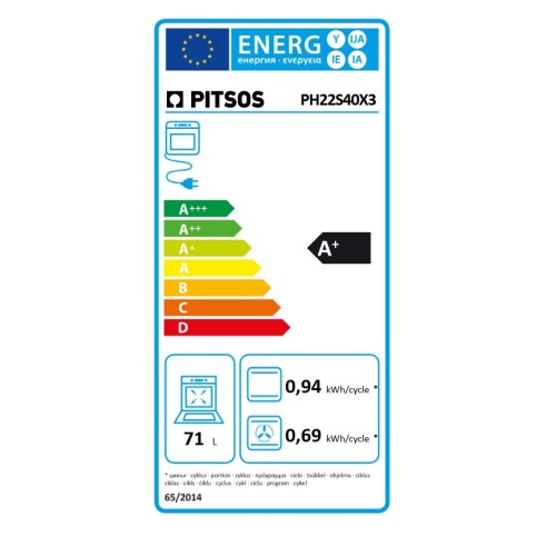 Pitsos Εντοιχιζόμενος Φούρνος Ανω Πάγκου PH22S40X3 71lt Inox