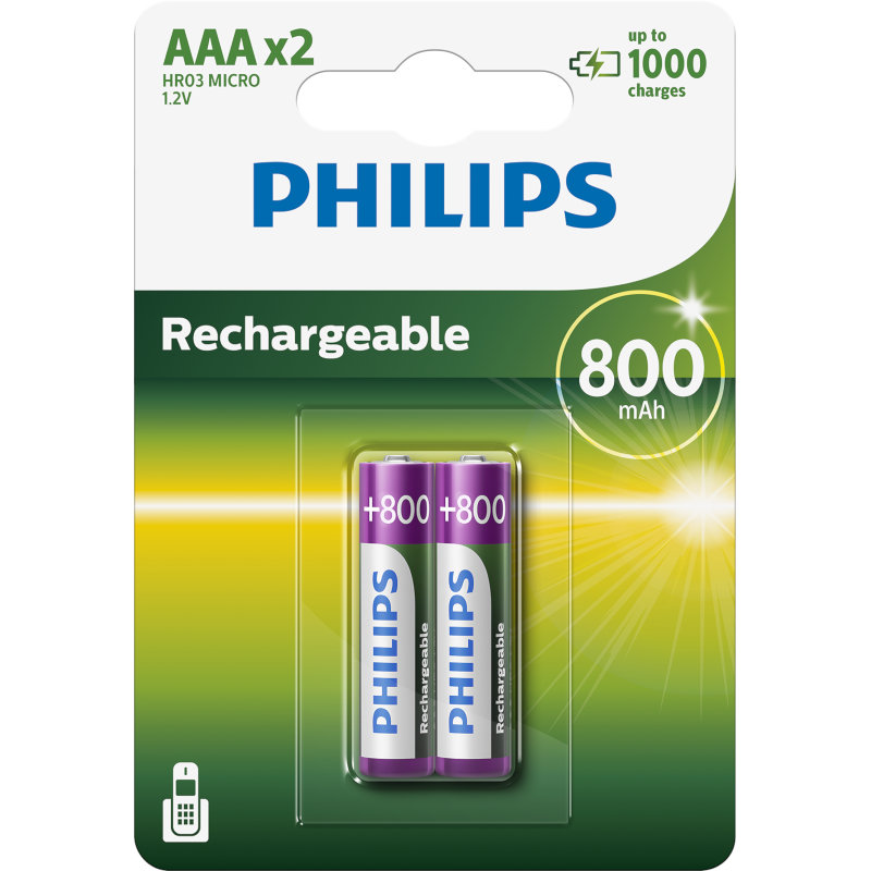 Philips Μπαταρίες επαναφορτιζόμενες R03B2Α80/GRS προ-φορτισμένες Ni-Mh 2 τμχ HR03 AAA 800 mAh 1.2 V