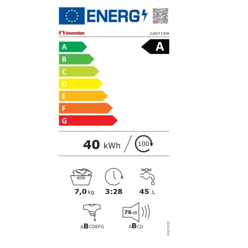 Inventor Πλυντήριο Ρούχων GA0714W 7kg με Ατμό 1400 Στροφων Α