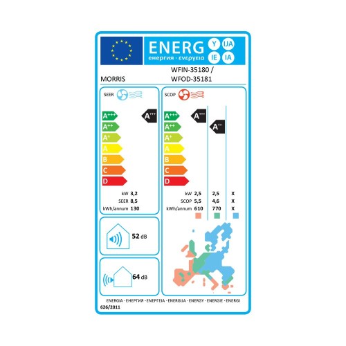 Morris Κλιματιστικό Inverter WFIN-35180 12000 BTU A+++/A+++ με Ιονιστή και Wi-Fi