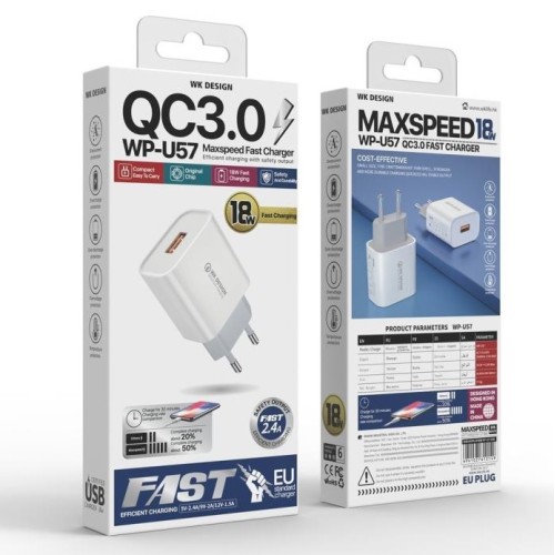WK Φορτιστής Ρεύματος WP-U57 Combo + I6 cable 18W 1xUSB Λευκός