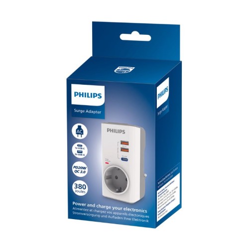 Philips Μονόπριζο Ασφαλείας με 2xUSB και Type-C CHP8010W/GRS (1150102-0002)