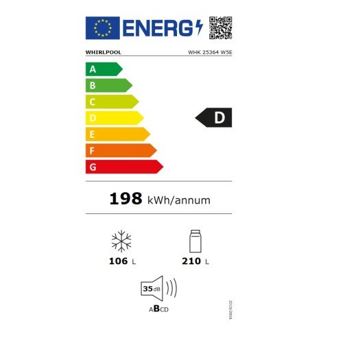 Whirlpool Ψυγειοκαταψύκτης WHK25364W5E Full No Frost Υ186.5xΠ59.5xΒ66.3cm Λευκός