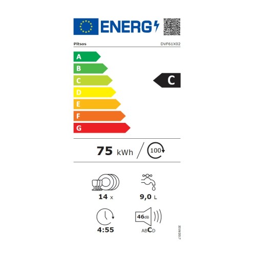Pitsos Εντοιχιζόμενο Πλυντήριο Πιάτων DVF61X02 για 14 Σερβίτσια 60cm