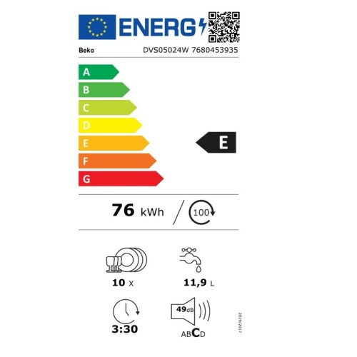 Beko Πλυντήριο Πιάτων DVS05024W για 10 Σερβίτσια (44,8cm) Λευκό