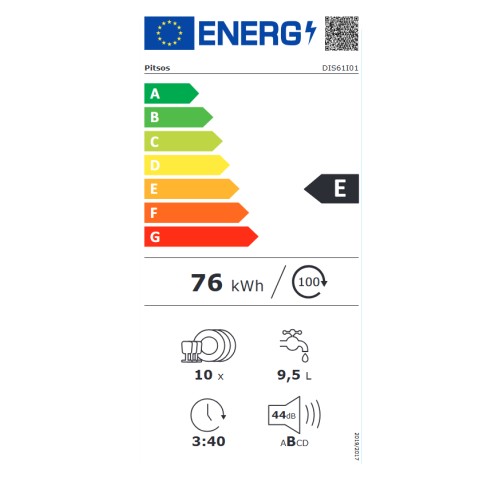 Pitsos Εντοιχιζόμενο Πλυντήριο Πιάτων DIS61I01 για 10 Σερβίτσια Π44.8xY81.5εκ.