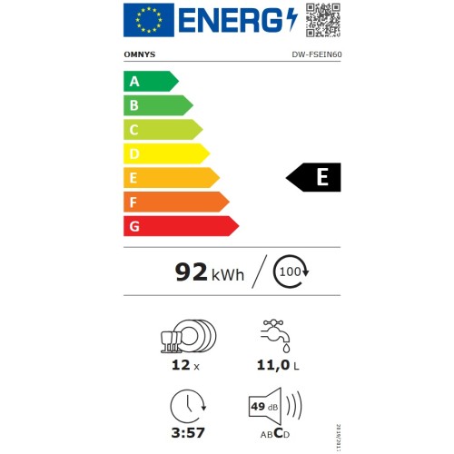 Omnys Πλυντήριο Πιάτων DW-FSEIN60 για 12 Σερβίτσια Π60xΥ85εκ. Inox