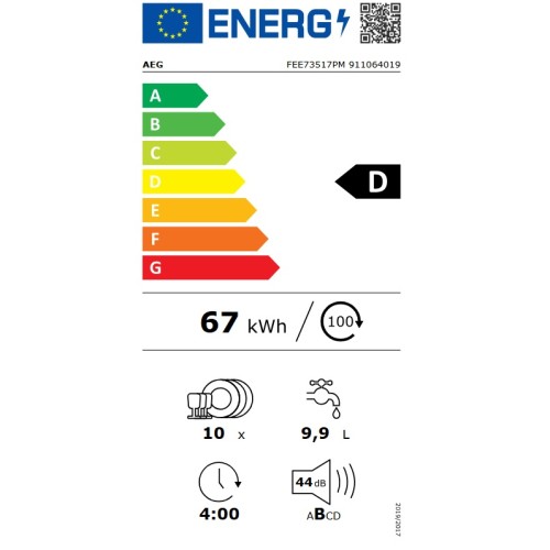AEG Εντοιχιζόμενο Πλυντήριο Πιάτων FEE73517PM για 10 σερβίτσια Υ81.8xΠ44.6xΒ57cm.