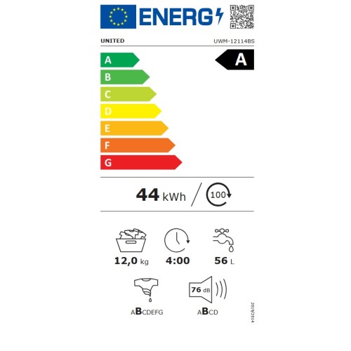 United Πλυντήριο Ρούχων UWM-12114BS 12kg 1400 Στροφων Α