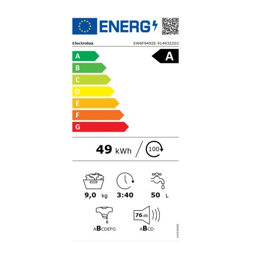 Electrolux Πλυντήριο Ρούχων EW6F9492E (9kg 1400Rpm)