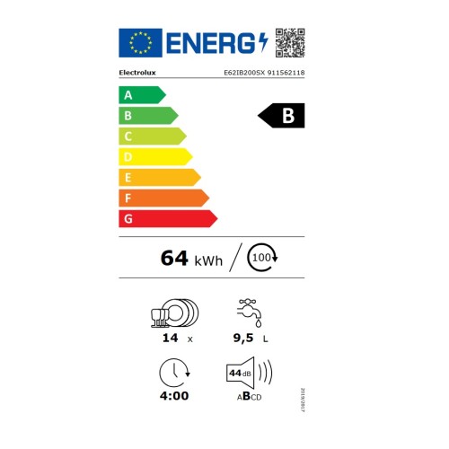 Electrolux Εντοιχιζόμενο Πλυντήριο Πιάτων E62IB200SX για 14 Σερβίτσια Π59,6xΥ81,8εκ.