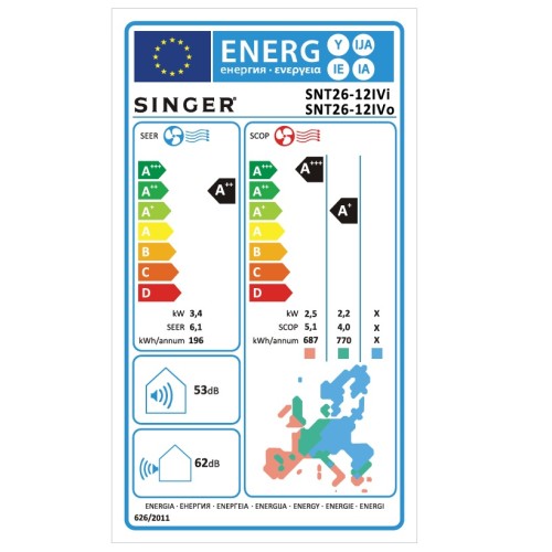 Singer Κλιματιστικό Inverter SNT26-12IVi / SNT26-12IVo 12000btu με Wi-Fi (A++/A+++)