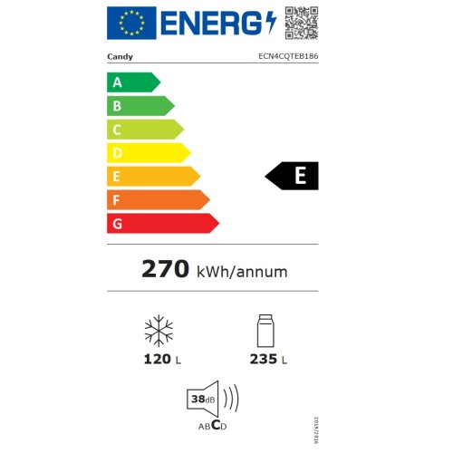 Candy Ψυγειοκαταψύκτης ECN4CQTEB186 355lt Total NoFrost Υ185xΠ59.5xΒ66.7εκ. Μαύρο