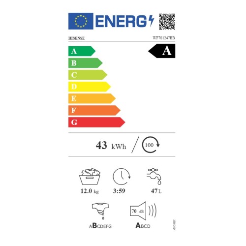 Hisense Πλυντήριο Ρούχων WF7S1247BB (12kg 1400 A)  Μαύρο