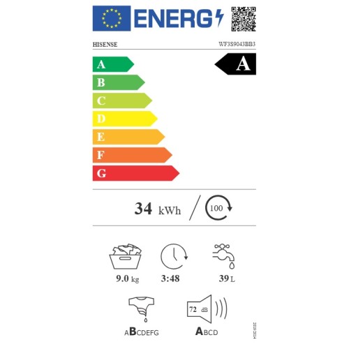 Hisense Πλυντήριο Ρούχων WF3S9043BB3 (9kg 1400 A) Μαύρο