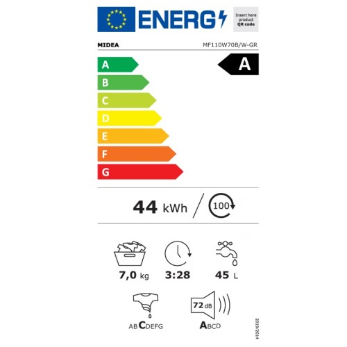 Midea Πλυντήριο Ρούχων MF110W70B/W-GR 7kg 1200Rpm A