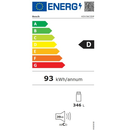 Bosch Ψυγείο Μονόπορτο KSV36CIDP 346lt Υ186xΠ60xΒ65εκ.