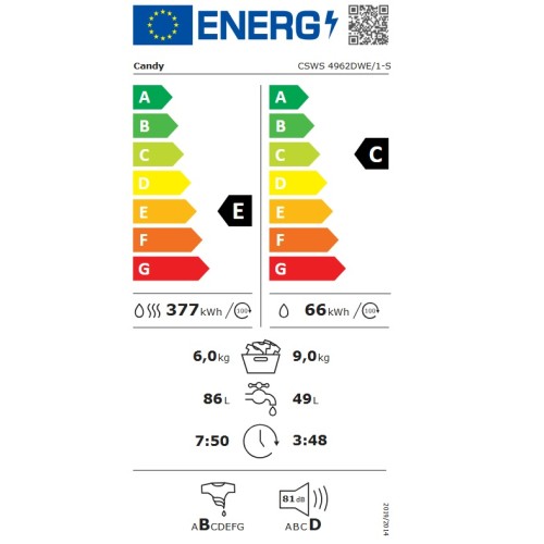 Candy Πλυντήριο-Στεγνωτήριο CSWS 4962DWE/1-S (9kg/6kg 1400rpm)