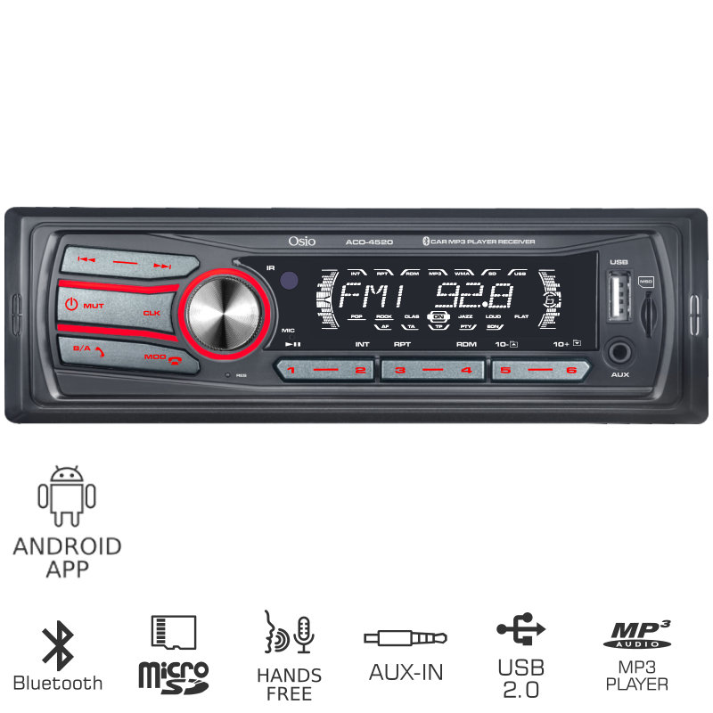 Osio Car Audio ACO-4520UBT με Bluetooth, USB, Android App, micro SD και Aux-In