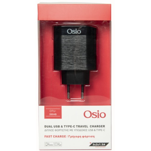 Osio Φορτιστής Ρεύματος OTU-5904B με USB Type-C και USB Type-A 18W (194305-0003) Μαύρος