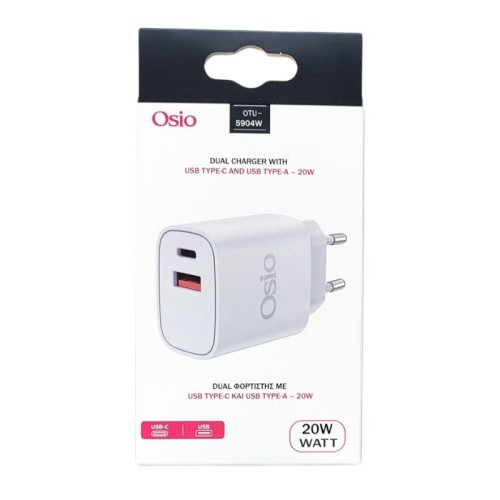 Osio Φορτιστής Ρεύματος OTU-5904W με USB Type-C και USB Type-A 18W (194305-0004) Λευκός