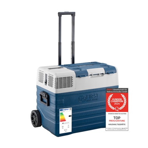 First Austria First Austria FA-5171 Τροχήλατο μπλε φορητό ηλεκτρικό ψυγείο θερμαντήρας με συμπιεστή, Bluetooth, USB-Out και οθόνη LED 230V/12V-43L καθαρά
